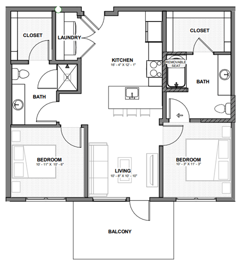 Floor plan for 2 beds, 2 baths, 866 sqft
